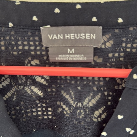 Van Heusen Navy Blue Mandarin Collar V-Neck Blouse with Heart Dots Size M/L - Picture 2 of 8